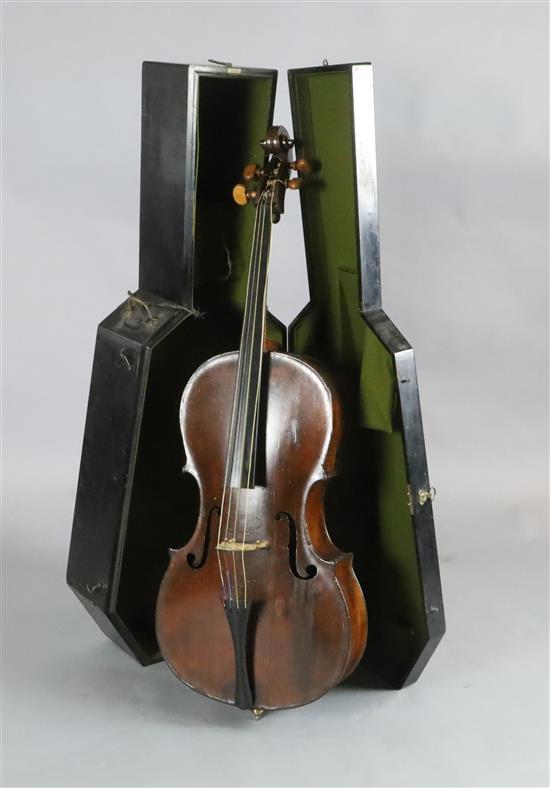 An 18th century cello, labelled Jacobus Stainer in absam prope oe nipontum 1660, in a W. E. Hill & Sons ebonised wood case, Numerous